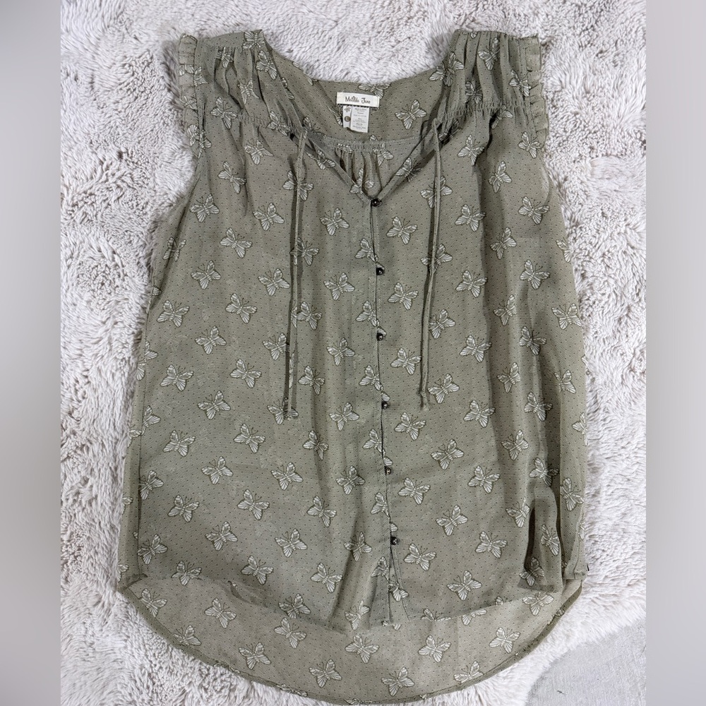 Women's Matilda Jane Top Sleeveless Top in light tan / Olive Green Sz L
